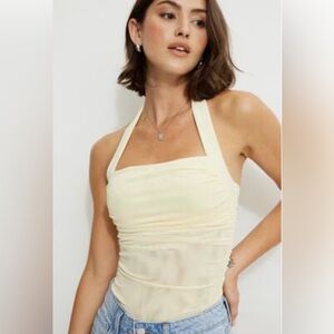 Dynamite Anise Flower Yellow Halter Mesh Ruched Bodysuit S